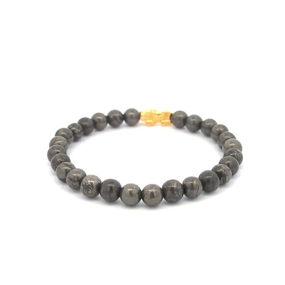 18K Gold Pixiu Piyao Bracelet Elastic Natural Gemstones Pyrite 6mm - Picture 3 of 5